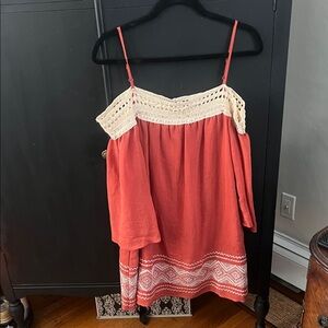 Women's Coral and Cream Crochet Off-Shoulder Dress